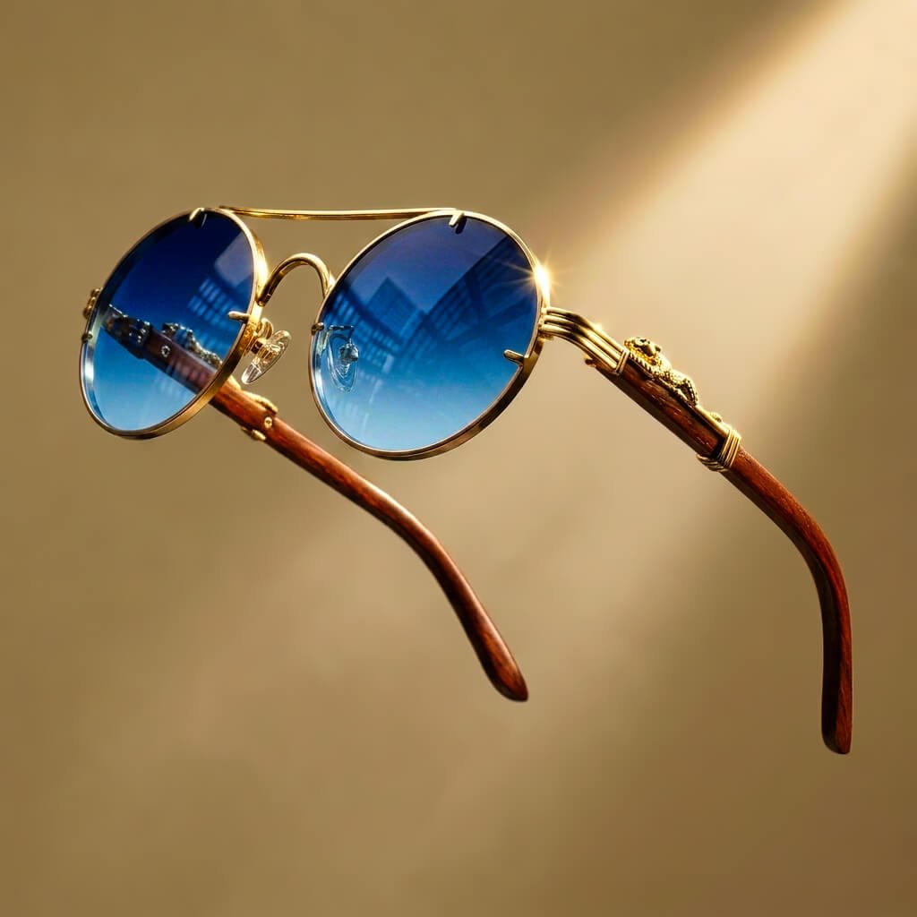 Round polarized sunglasses in azure blue with wooden temples