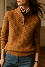 Cable knit cashmere sweater for women, side view showing the sleeve and rope cable