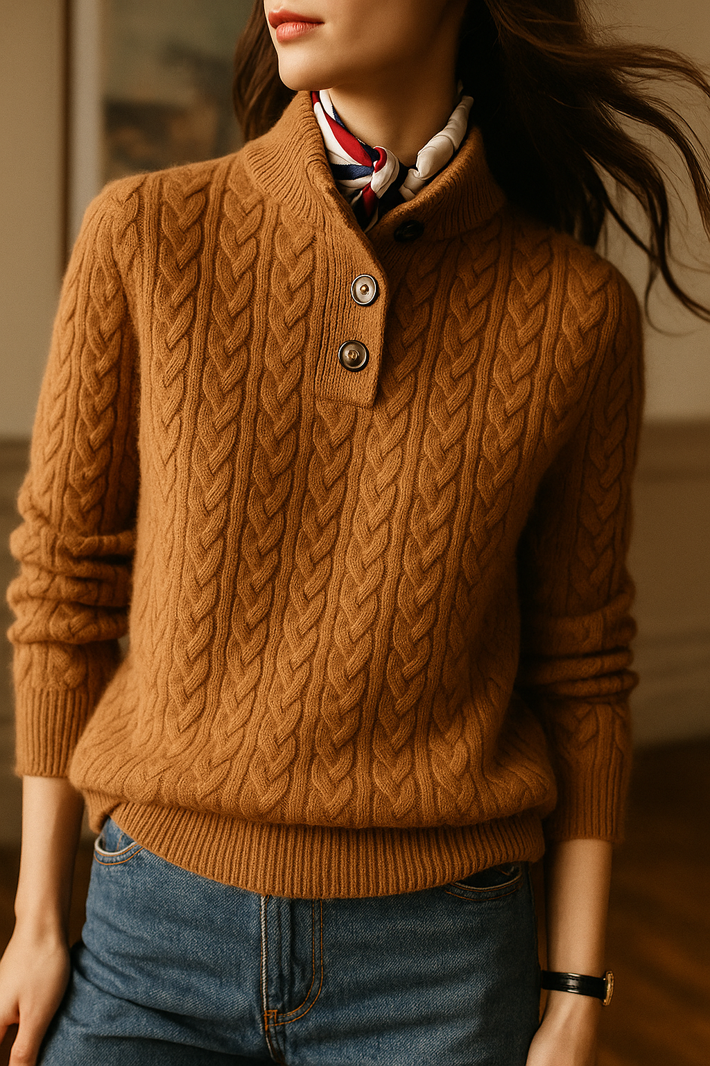 Cable knit cashmere sweater for women, side view showing the sleeve and rope cable