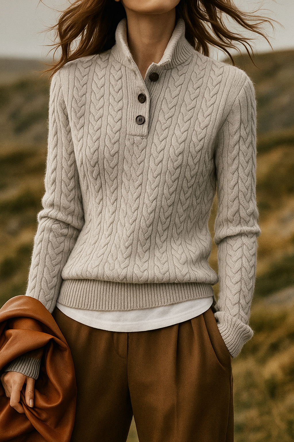 Gray cable knit cashmere sweater for women, front view