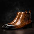Brown snakeskin leather Chelsea boots for men, side view