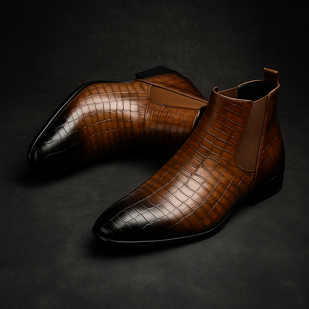 Men's Chelsea boots worn with dark denim, styling shot