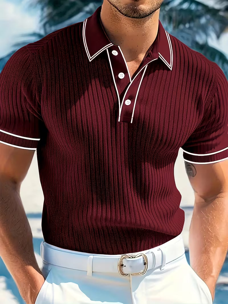 Red color-blocked short sleeve polo shirt for men, front view