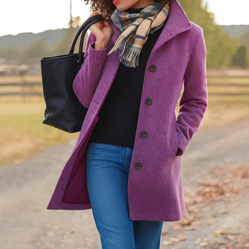 Purple button front long coat for women, front view
