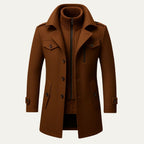 Insulated winter coat — worn open over a jumper