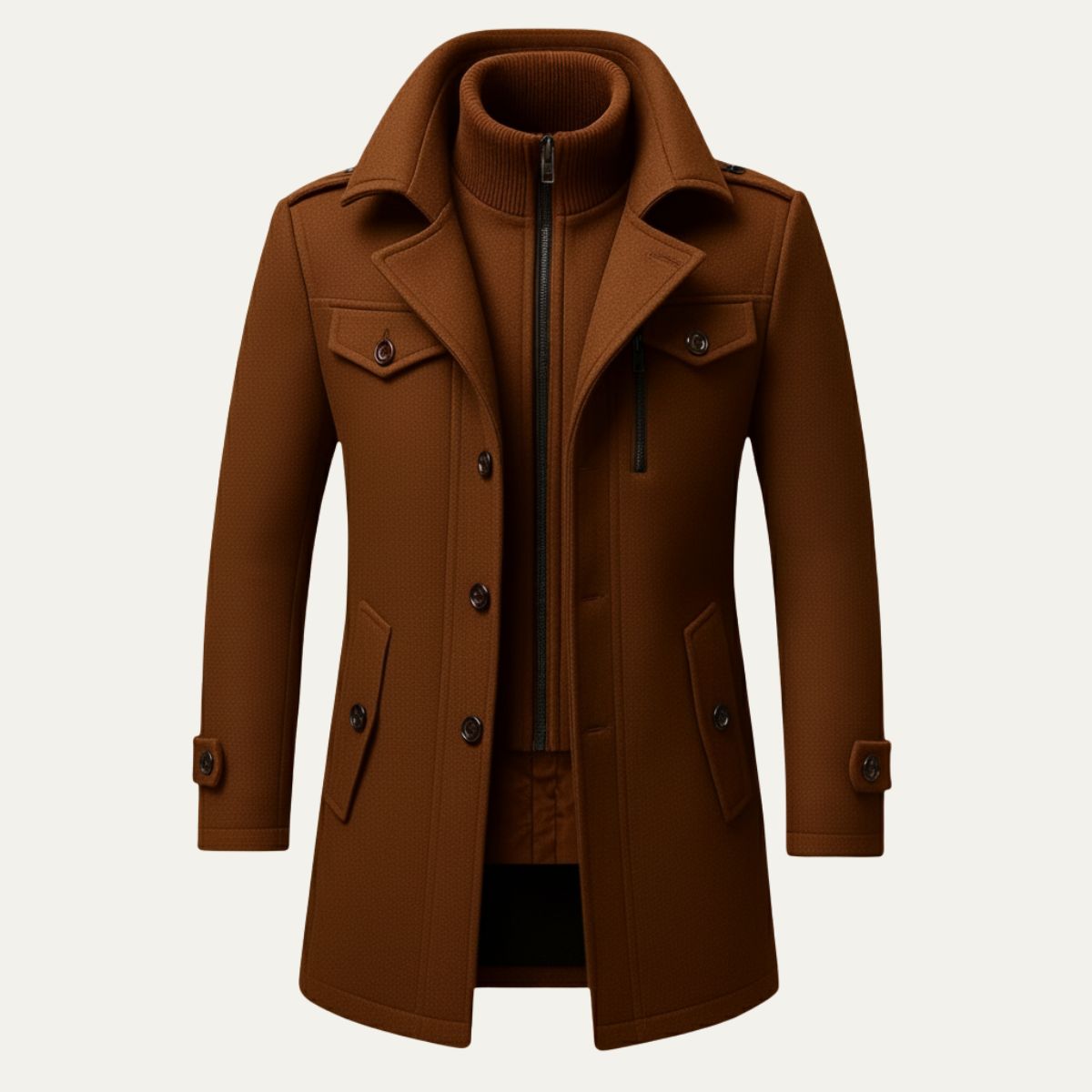 Insulated winter coat — worn open over a jumper