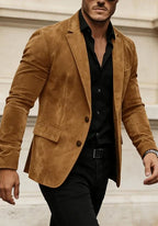 Men's suede blazer, back view showing the centre vent