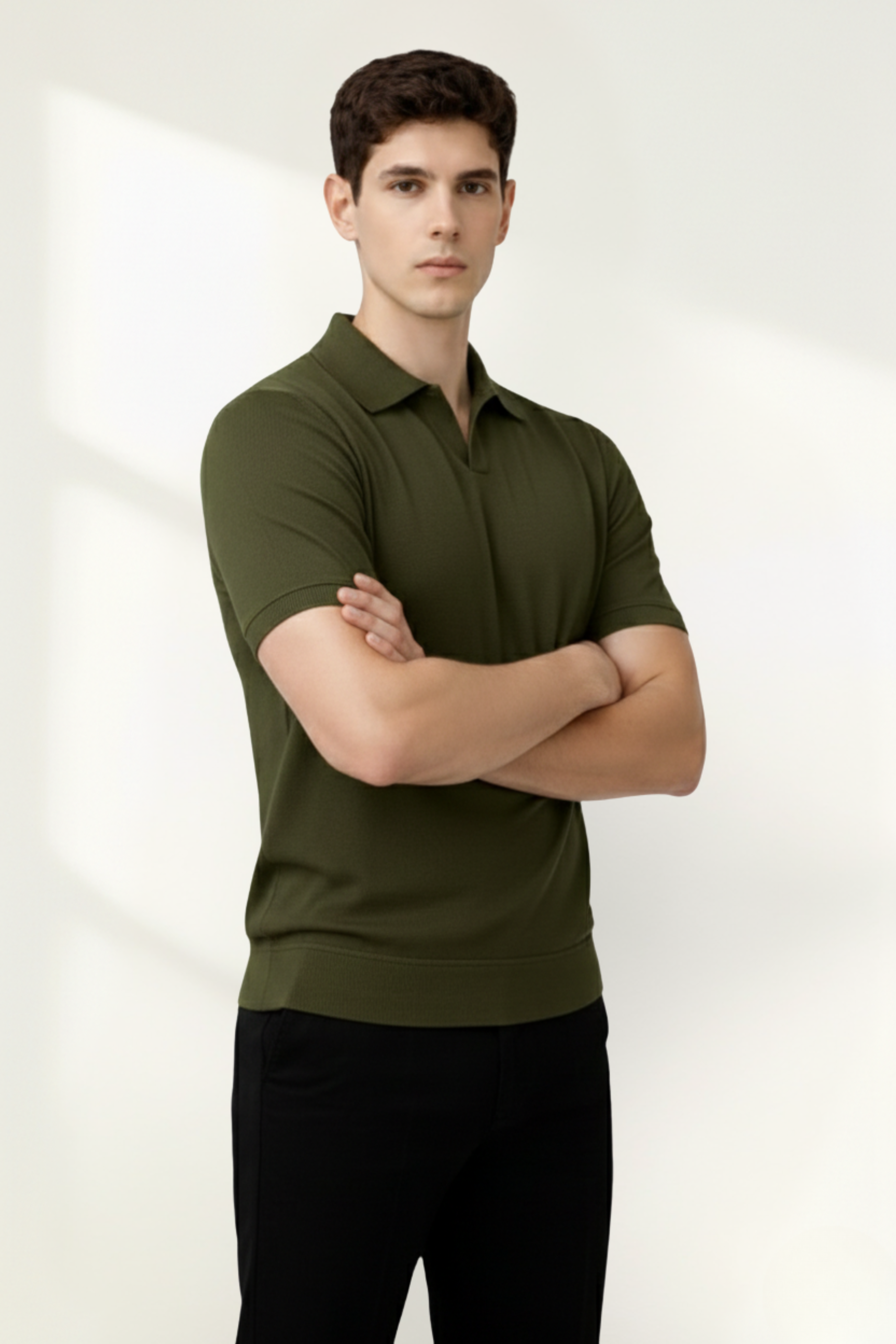 Men's knit polo shirt, close view of the knit texture