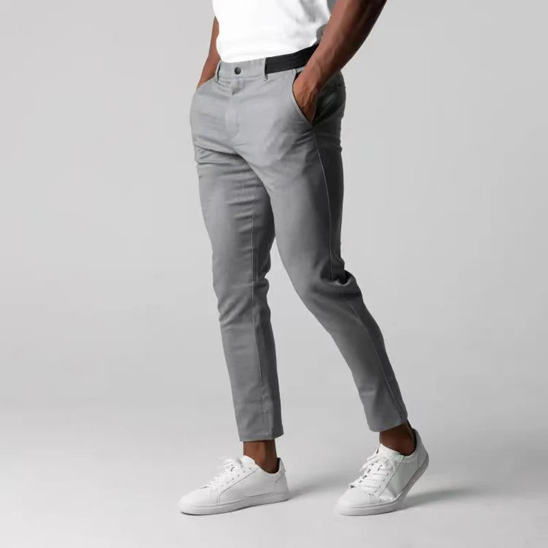 Men's stretch chinos in grey, front view of the modern cut