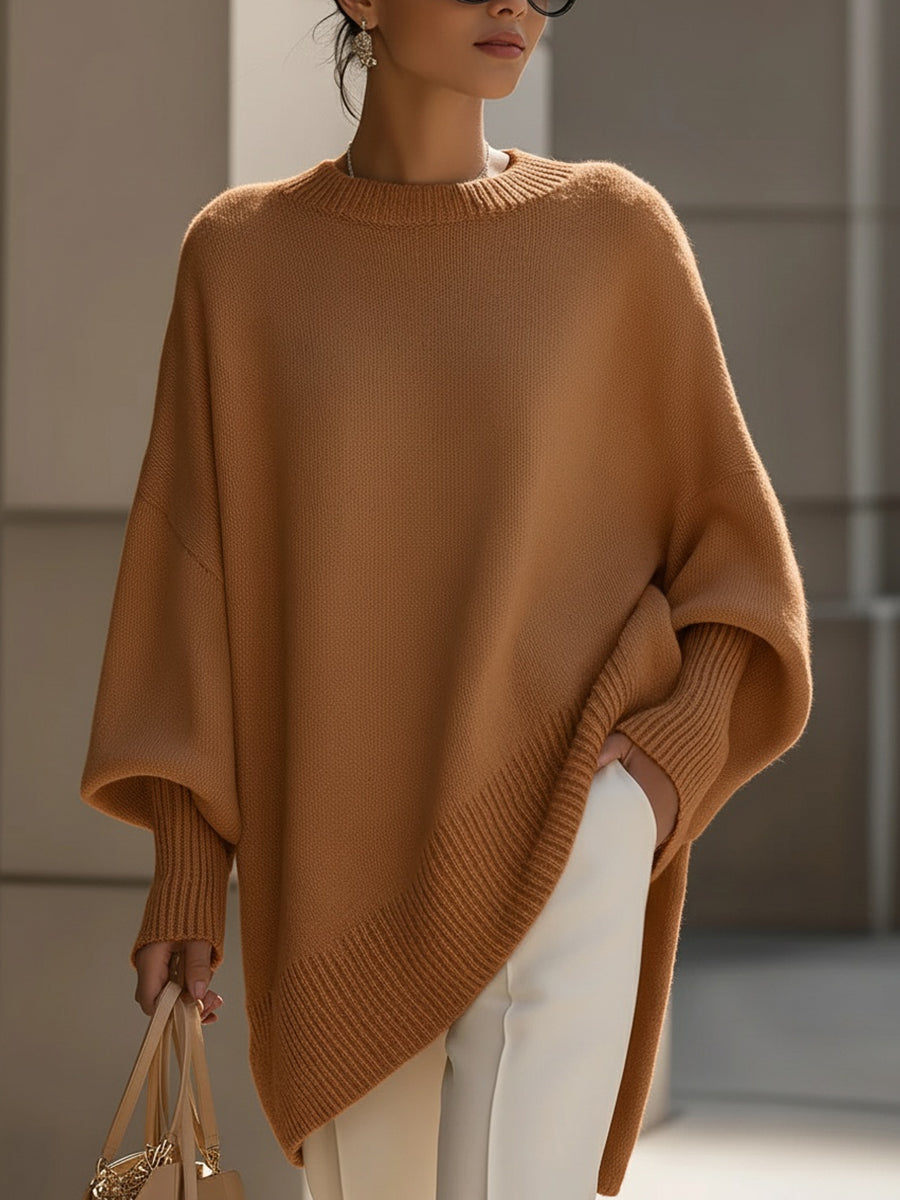 Oversized knit sweater for women in caramel, front view