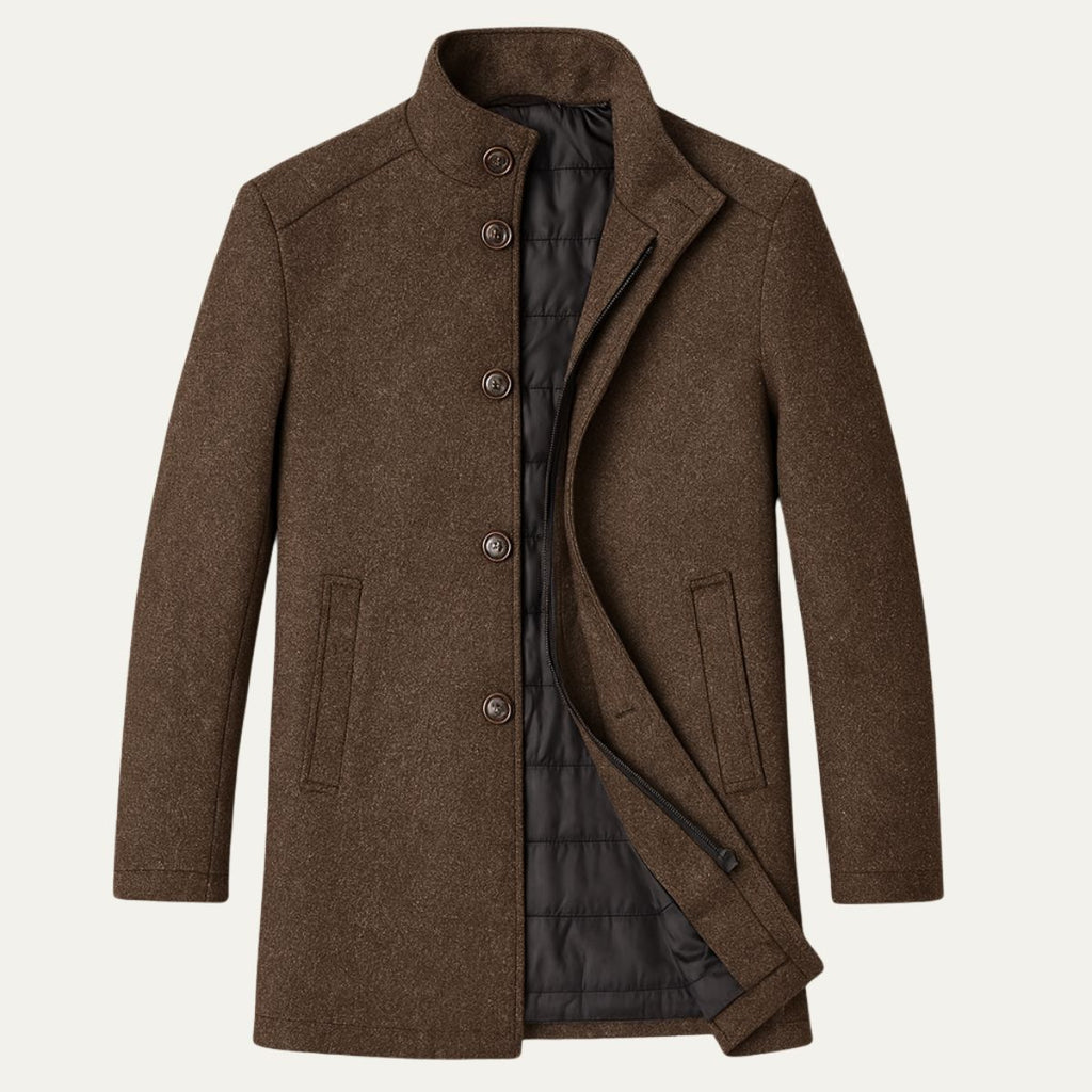 Insulated wool overcoat — front view