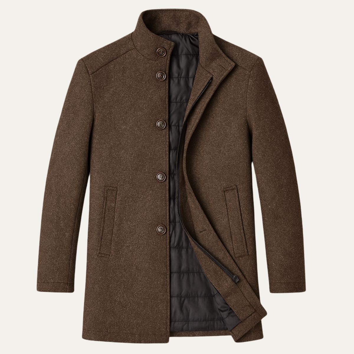 Insulated wool overcoat — front view