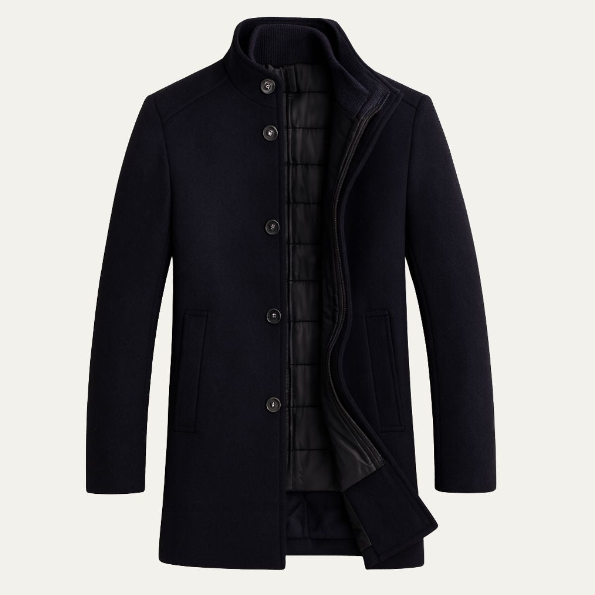 Insulated wool overcoat — pocket and placket detail