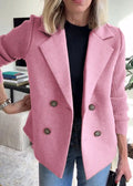 Pink mid-length tailored coat for women, front view buttoned
