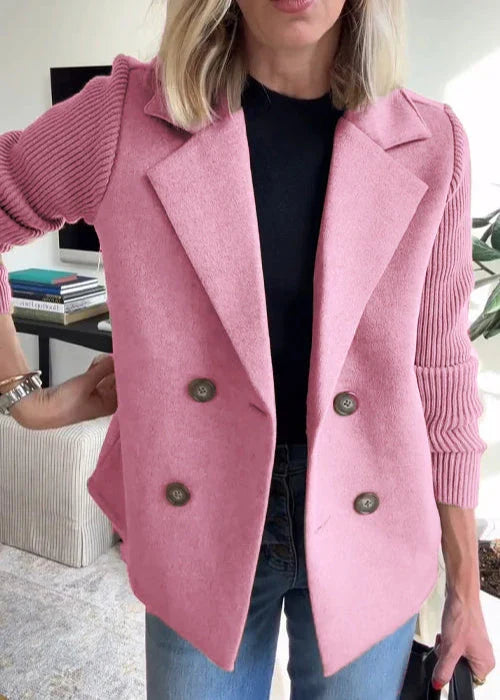 Pink mid-length tailored coat for women, front view buttoned