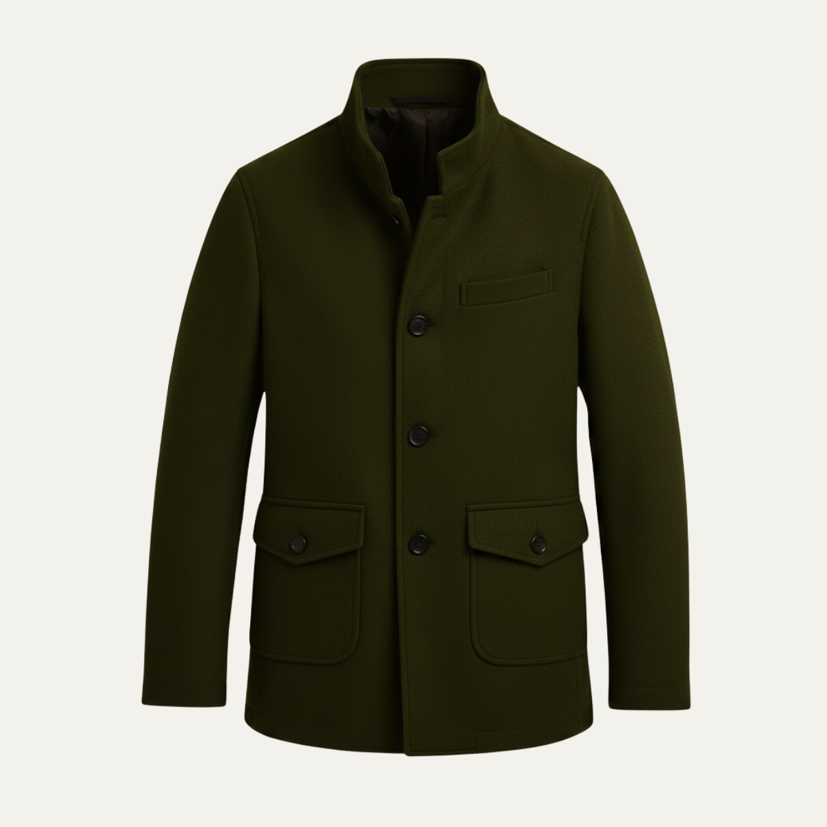 Tailored wool overcoat — worn open over a jumper