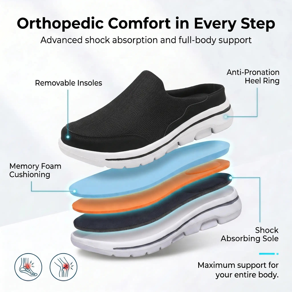 Men's slip-on arch support shoe — close-up of the trim and finish