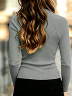 Black ribbed zip-neck turtleneck top for women, studio photo 5 of 7