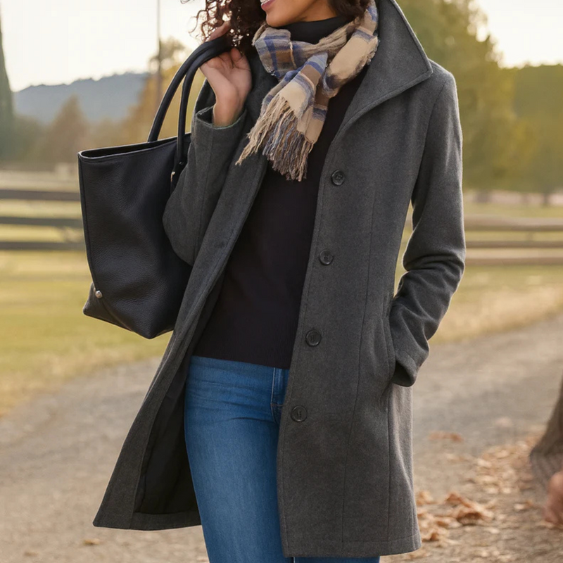 Gray button front long coat for women, front view