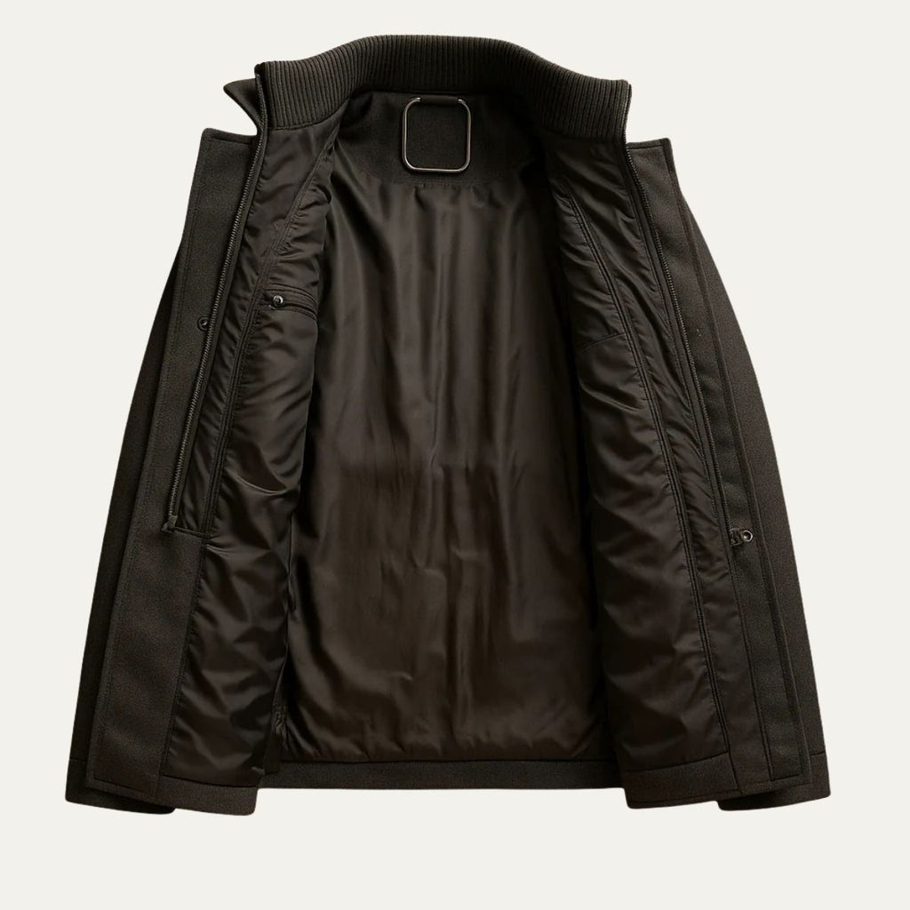 Insulated winter coat — pocket and placket detail