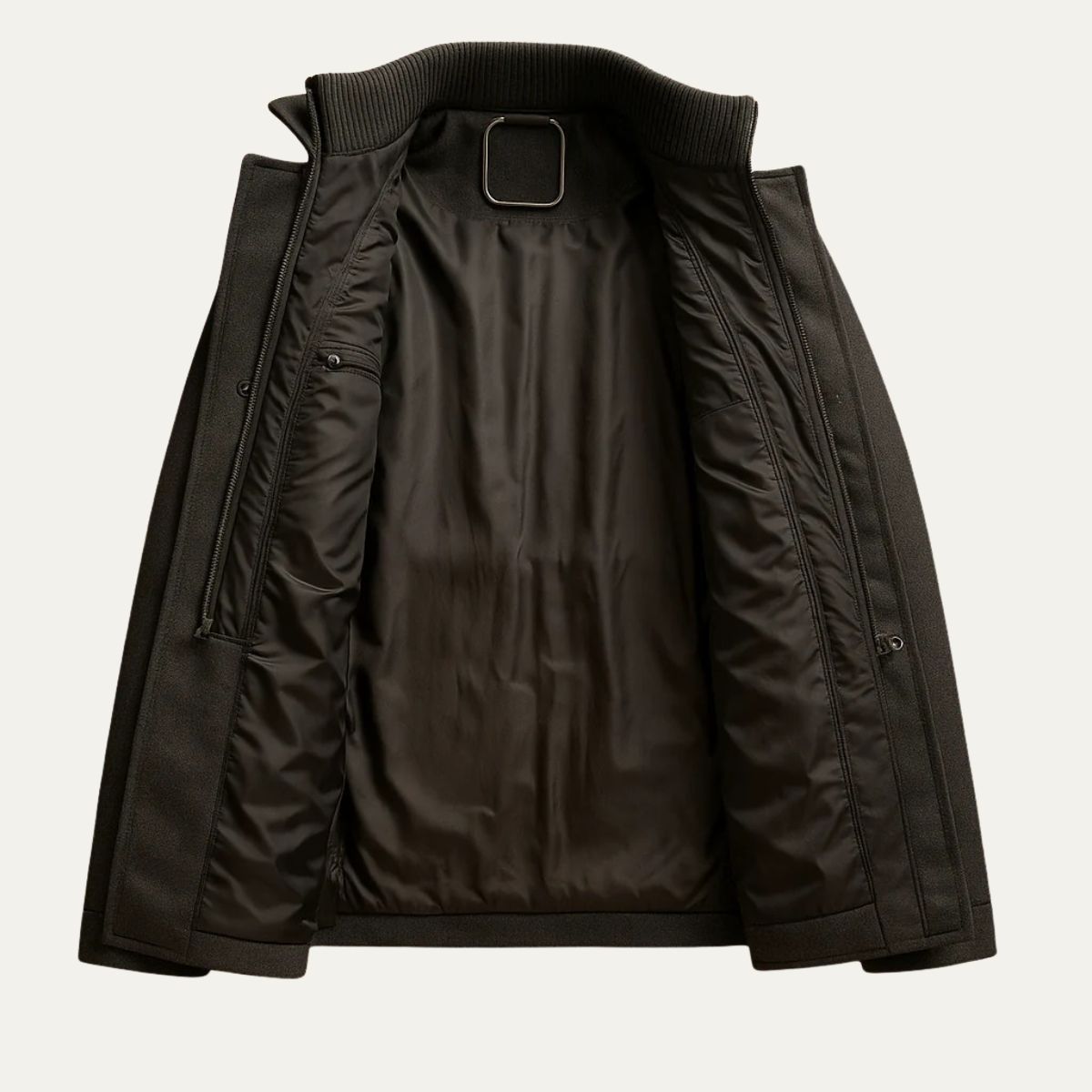 Insulated winter coat — pocket and placket detail
