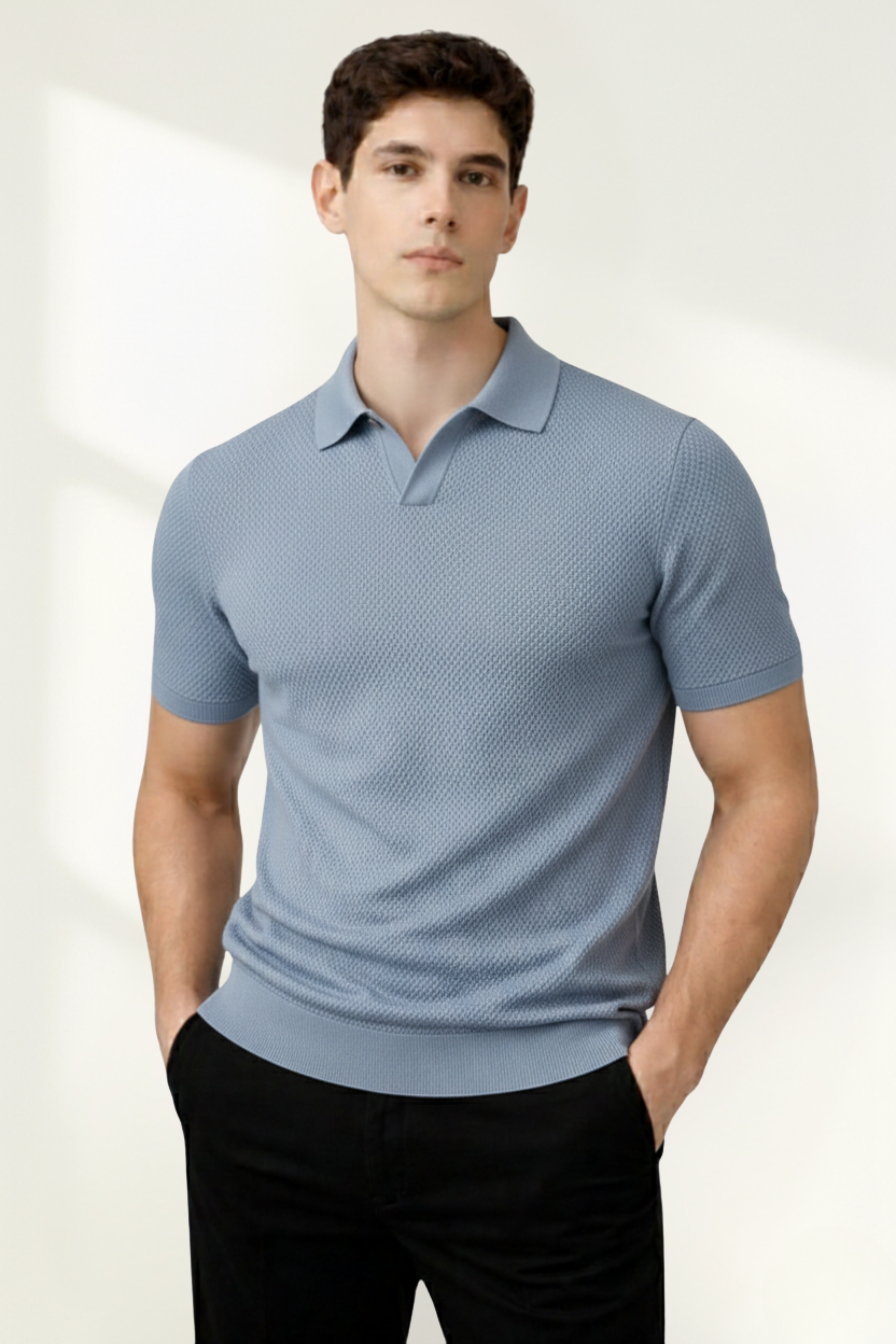 Men's knit polo shirt in Blue, front view