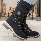 Detail view of the winter boot upper and lace fastening