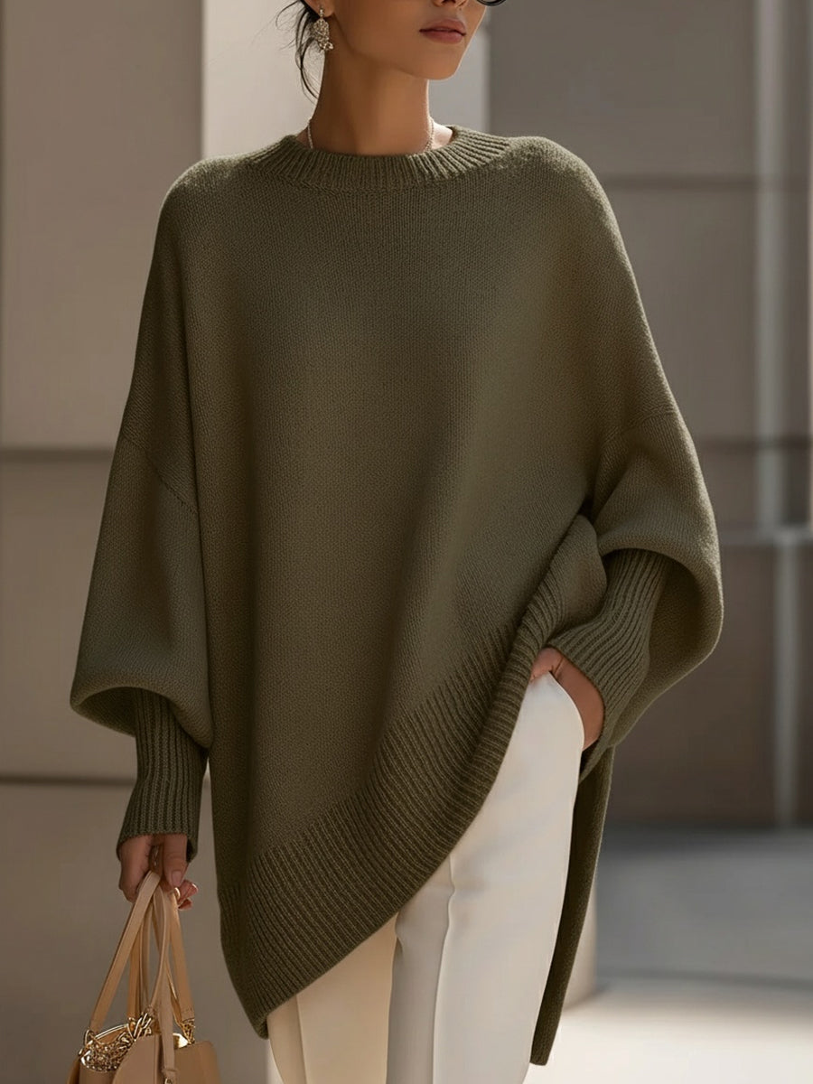 Oversized knit sweater for women in olive green, front view