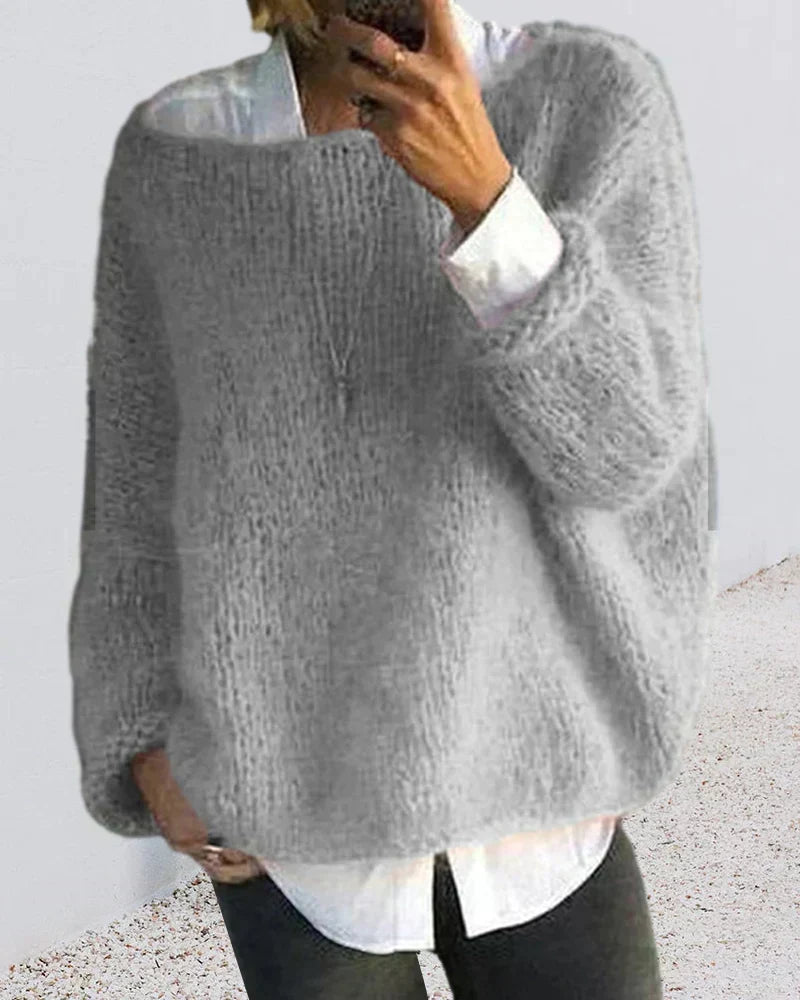 Oversized mohair sweater for women in gray, showing the chunky hand-knit texture