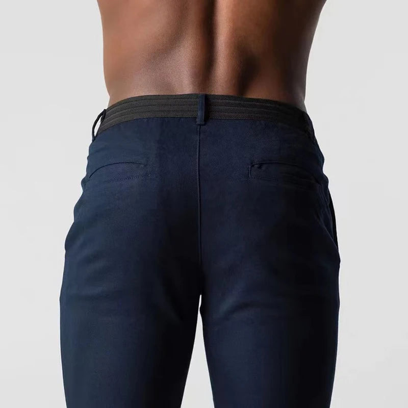 Detail of the breathable stretch weave and pocket on the men's chinos