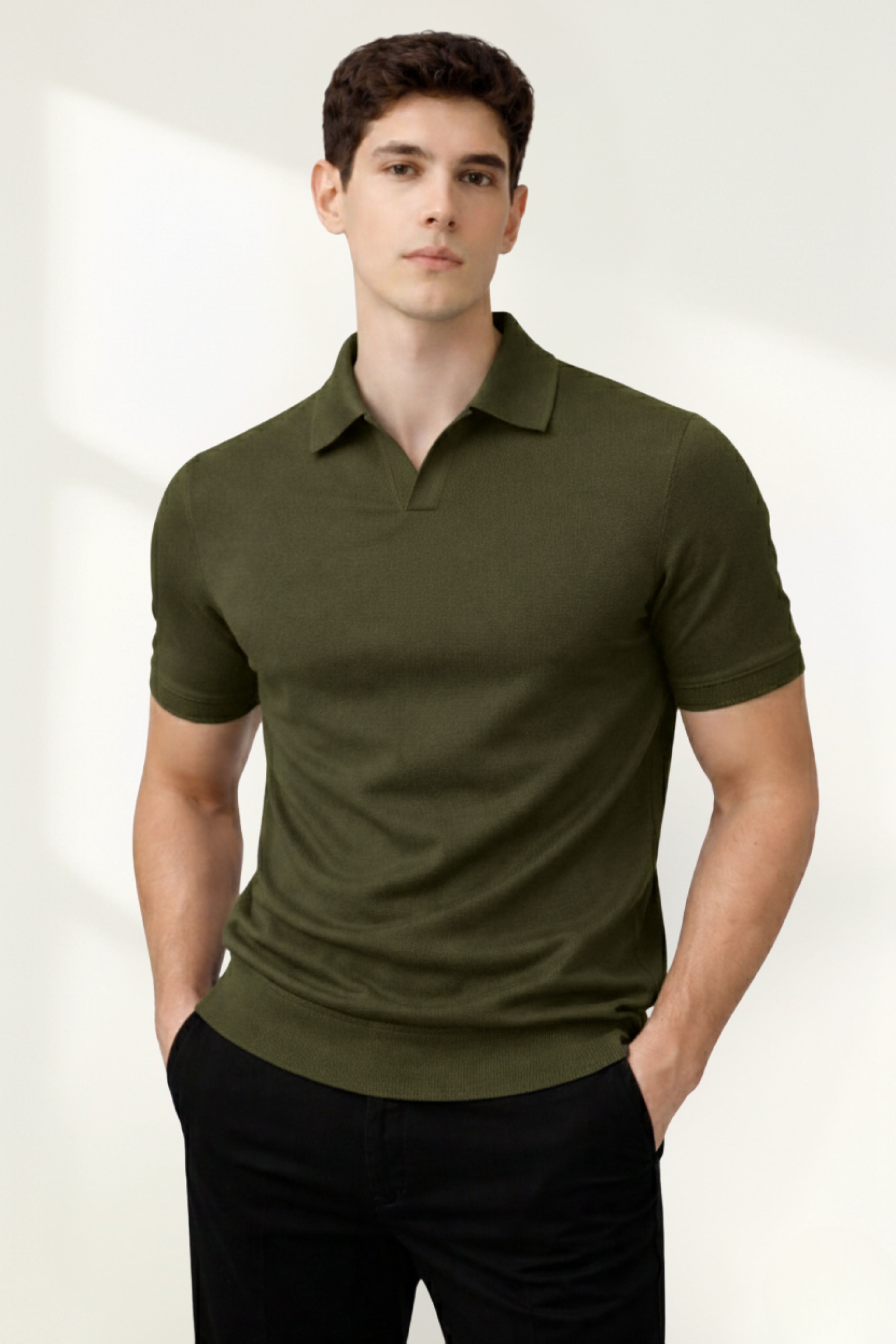 Men's knit polo shirt in Green, front view