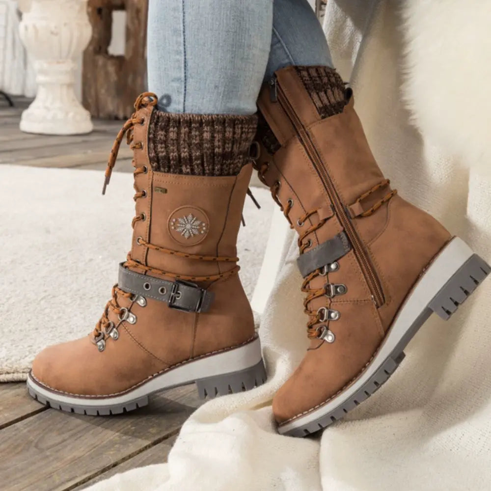 Brown cold-weather orthopedic boot, angled product view