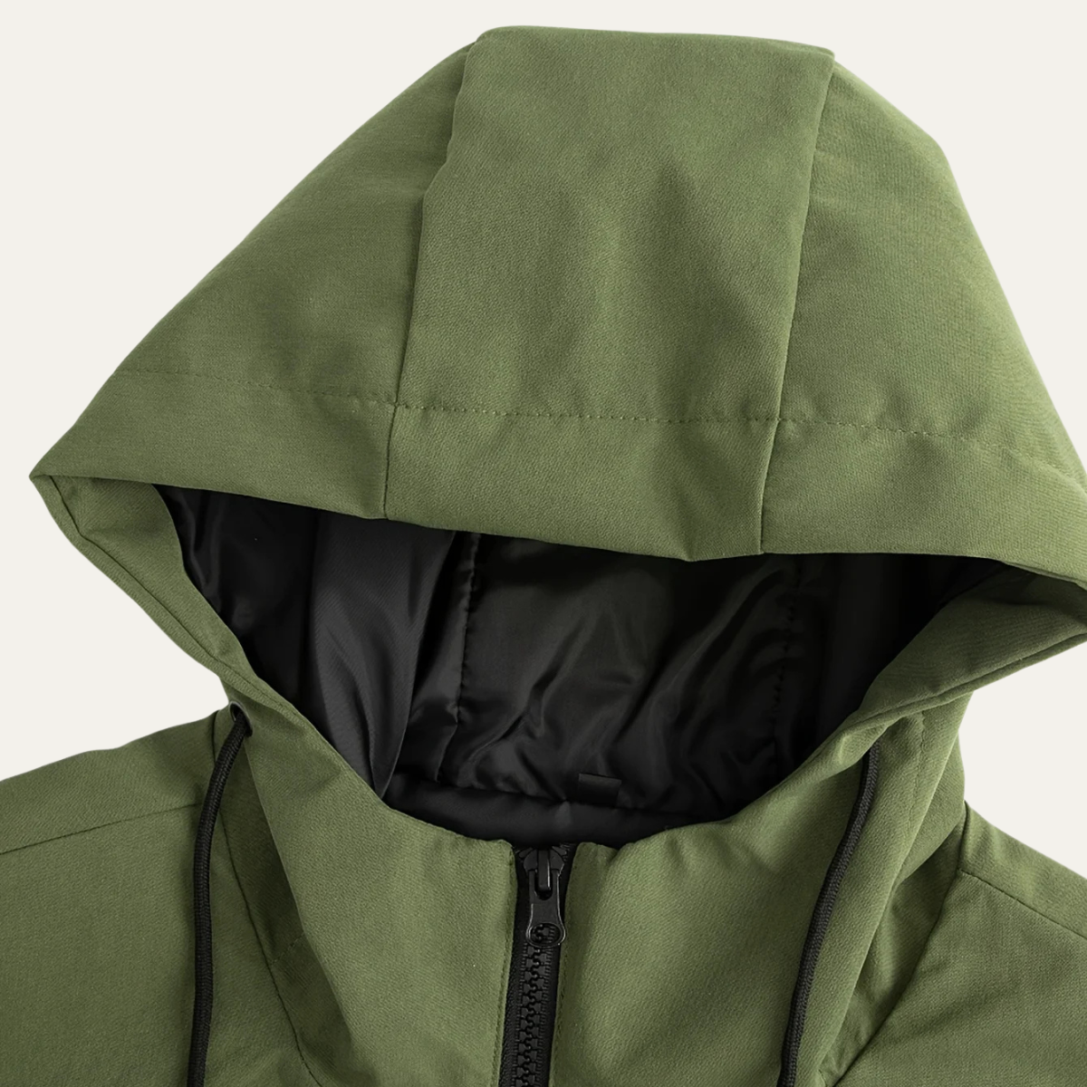 Hooded waterproof raincoat — pocket and placket detail