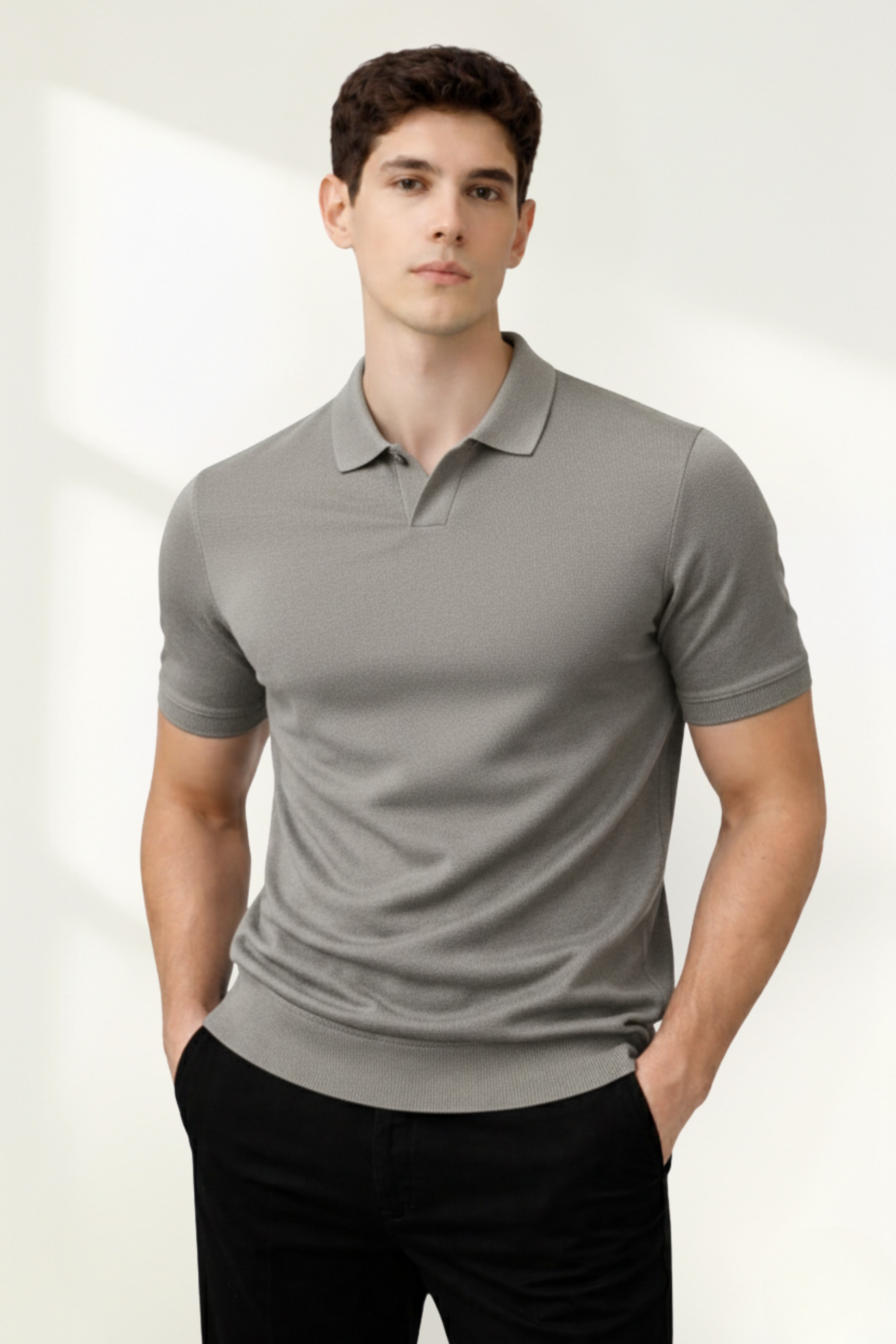 Men's knit polo shirt in Gray, front view
