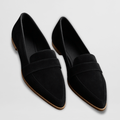 Black slip on loafers with a closed toe, front view