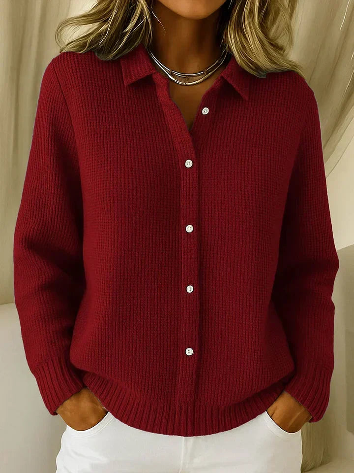 Dark red longline cardigan sweater for women, front view