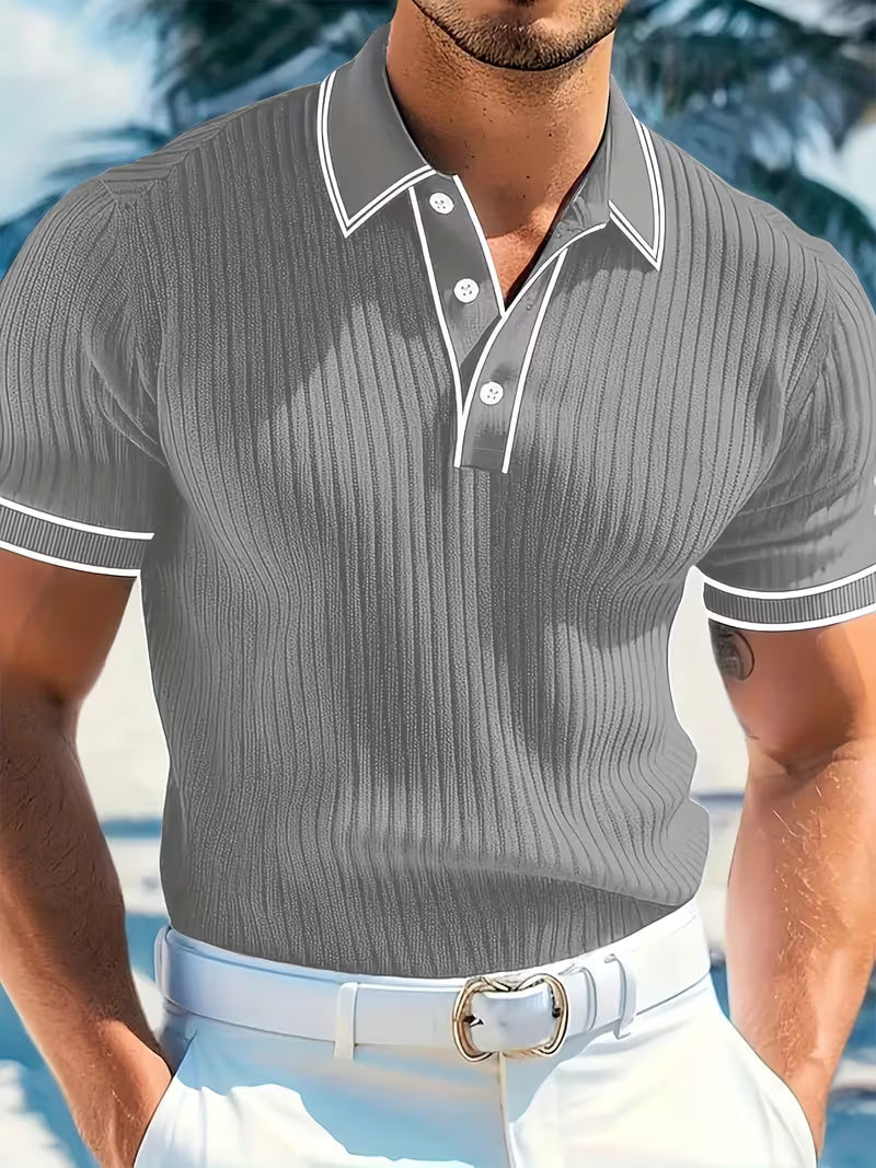 Gray color-blocked short sleeve polo shirt for men, front view