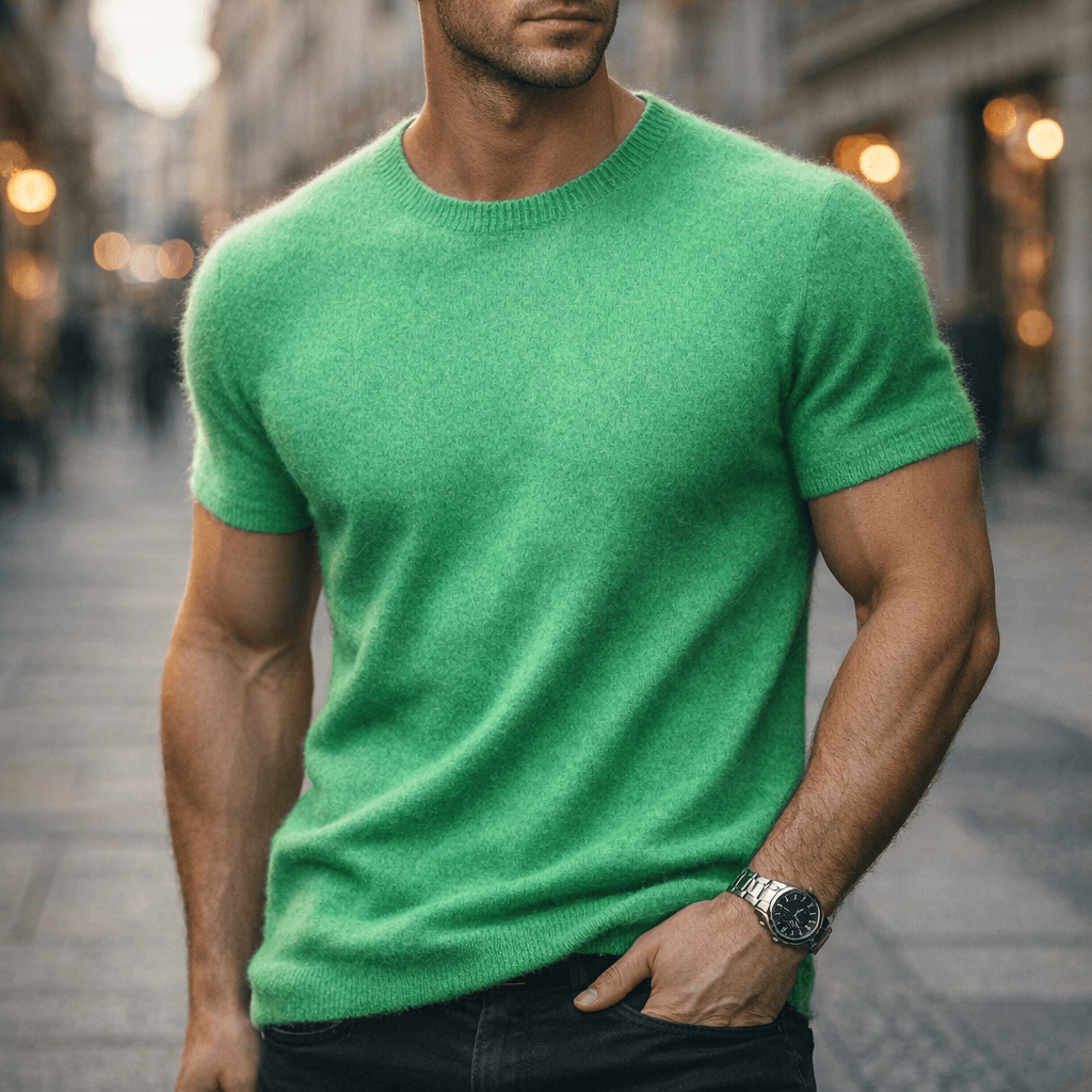Green men's cashmere t-shirt, front view