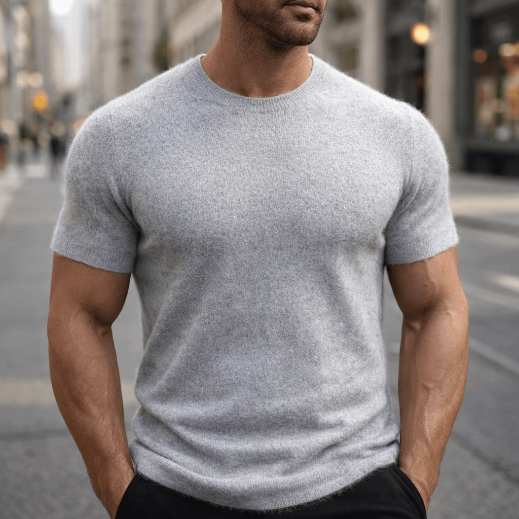 Gray men's cashmere t-shirt, front view