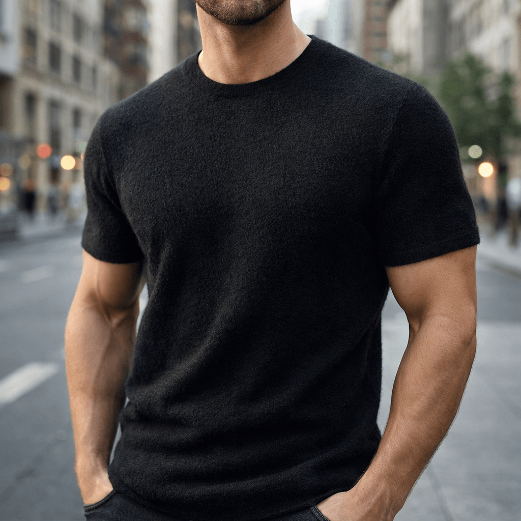 Black men's cashmere t-shirt, front view