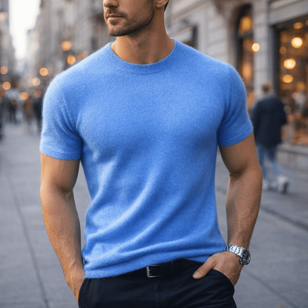 Blue men's cashmere t-shirt, front view
