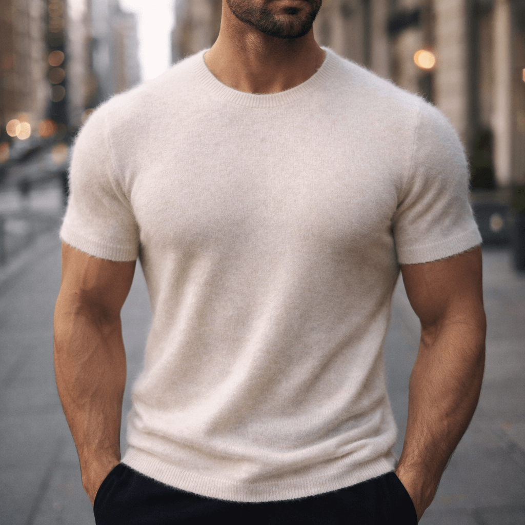 Beige men's cashmere t-shirt, front view
