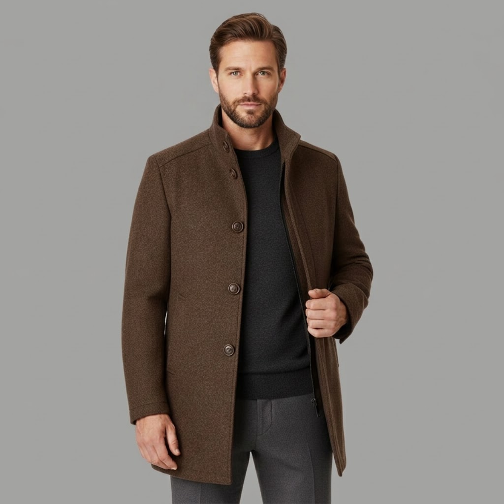 Insulated wool overcoat — back view