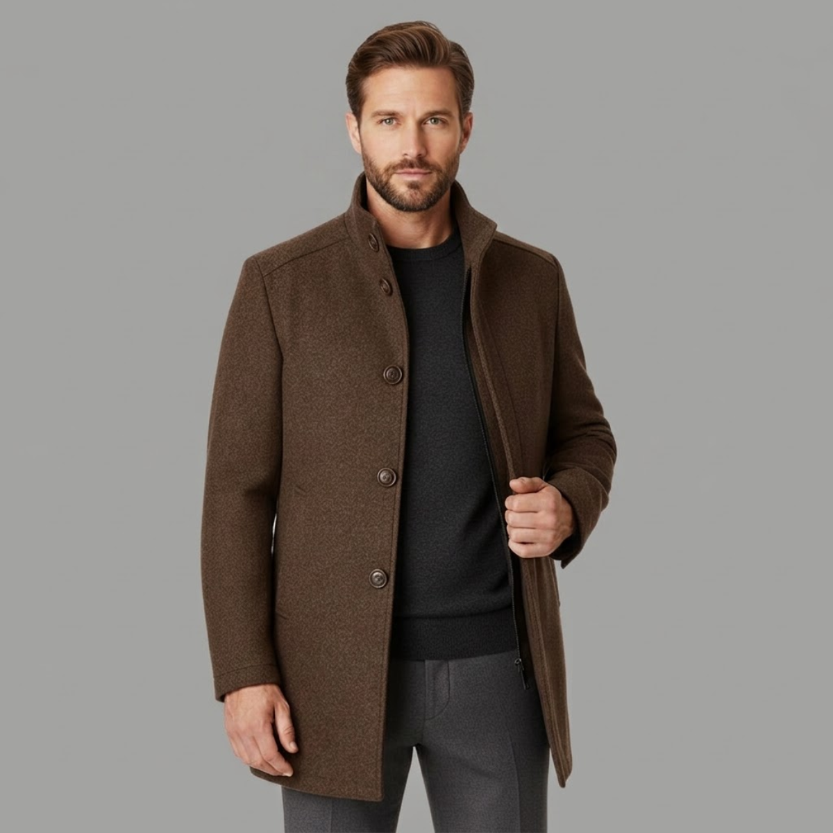 Insulated wool overcoat — back view
