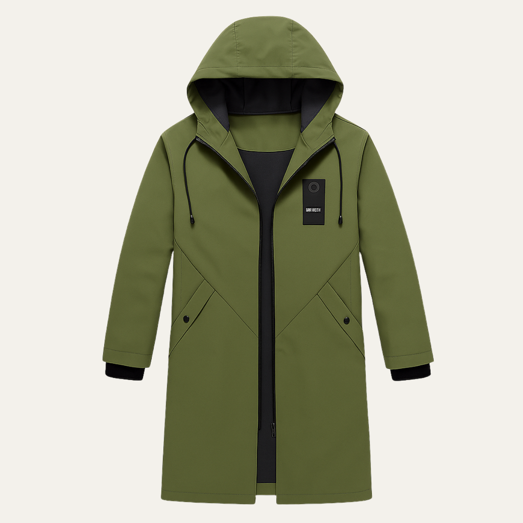 Hooded waterproof raincoat — front view