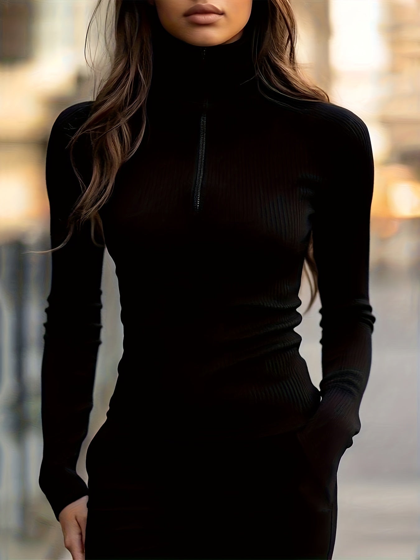 Black ribbed zip-neck turtleneck top for women, studio photo 6 of 7