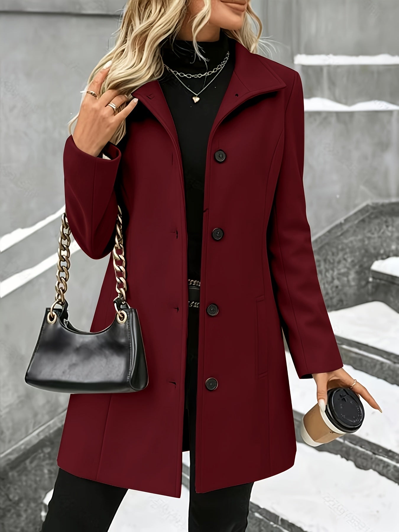 Longline Wool Coat for Women in Burgundy