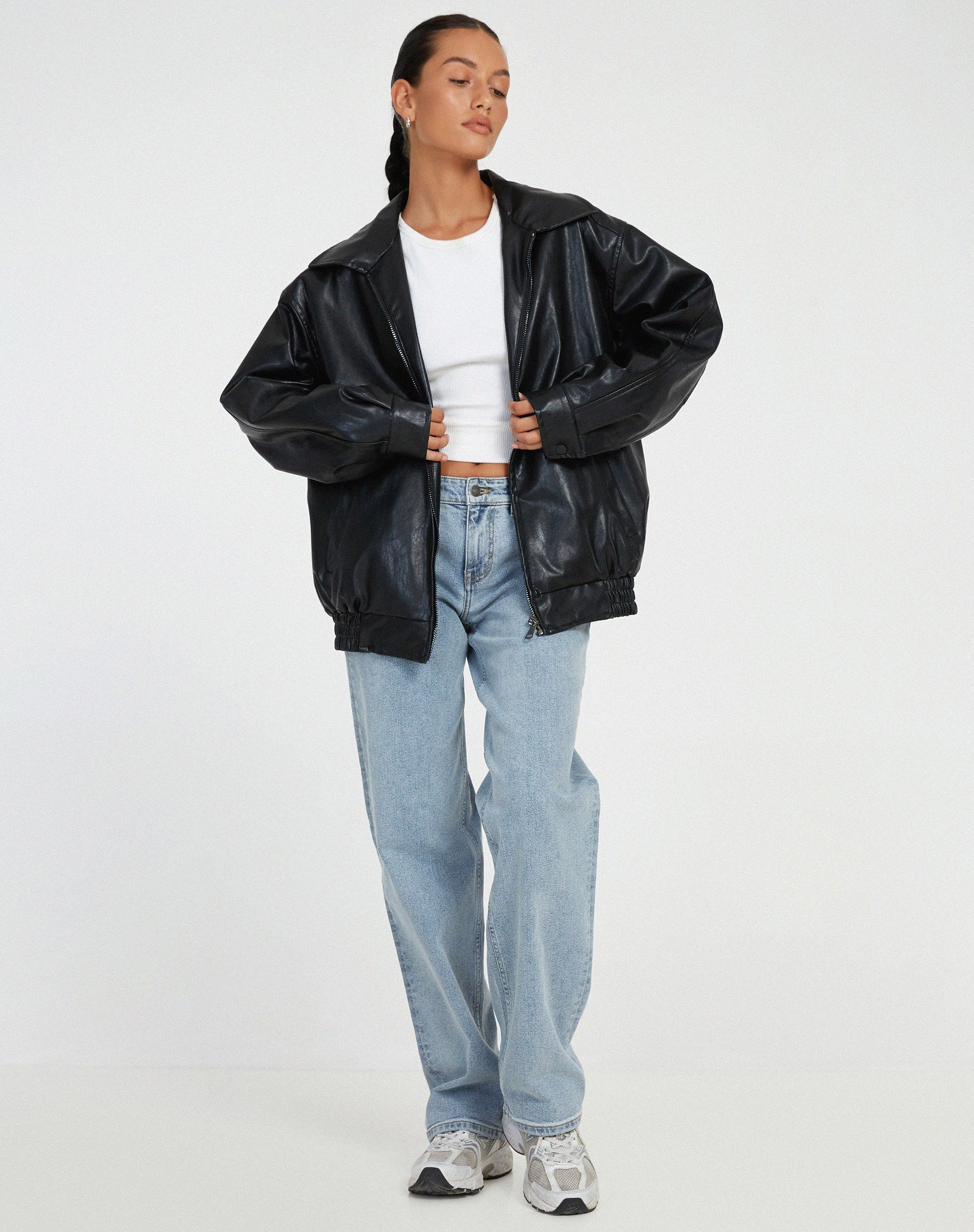 Oversized faux leather bomber jacket in Black