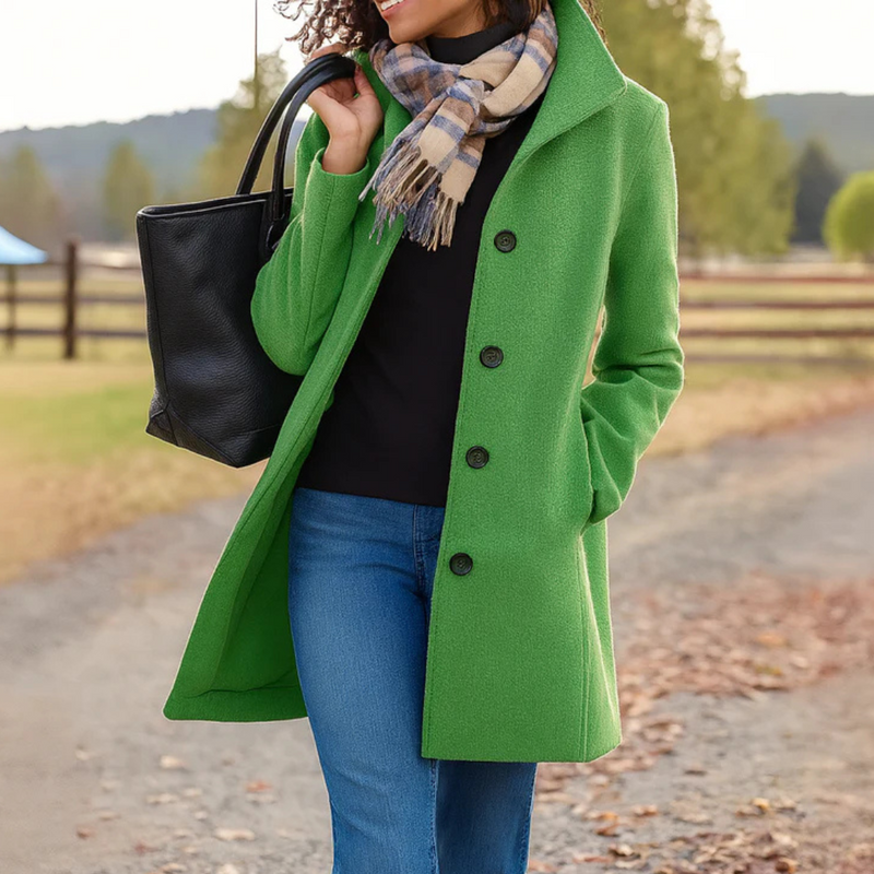 Green button front long coat for women, front view