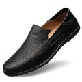 Black leather loafers for men, side profile of the slip-on upper